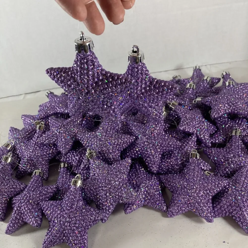 Purple Glitter Christmas Ornaments Stars Holiday Decor Lot Of 48 Vintage Violet